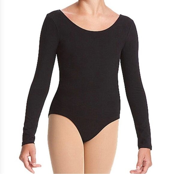 Danskin Childs Long Sleeve Leotard Black Scoop Neck Bodysuit Class Intermediate - Picture 1 of 8